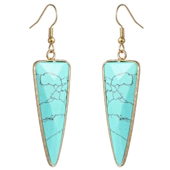 BijouStudios Earrings Jewelry - 18K Yellow Gold with Natural Blue Turquoise Stone French Wire Drop Hook Earrings